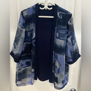 Abstract Blue and Navy Sheer cardigan with built in top